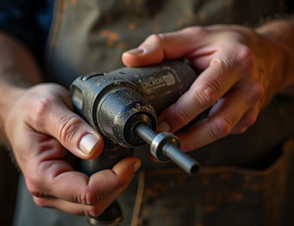 A pair of clean hands carefully loading an SDS-Plus bit into a compact rotary hammer