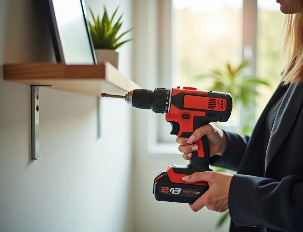 Close-up of confident female hands using a silent cordless drill to mount something