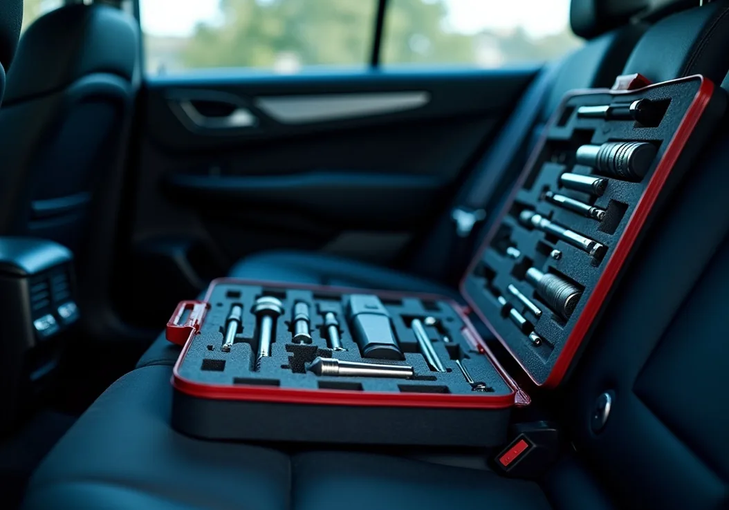 Detail shot of a drill case open on the back seat of a modern car with foam inserts