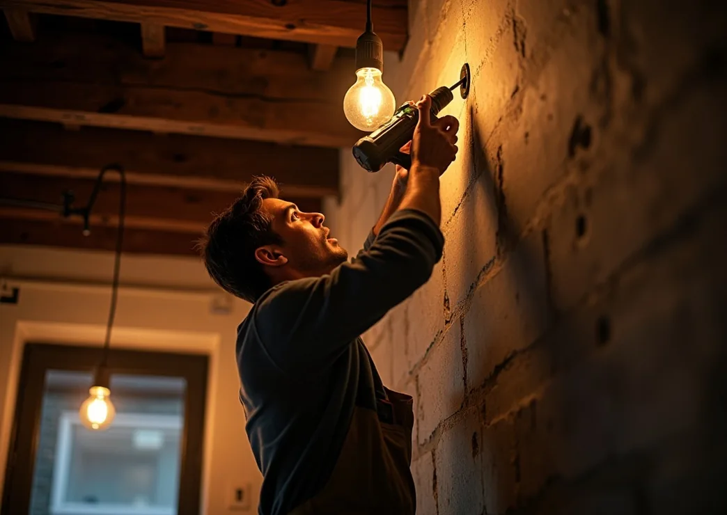 Dramatic low-angle shot of a worker drilling into a wall mounting point near the ceiling