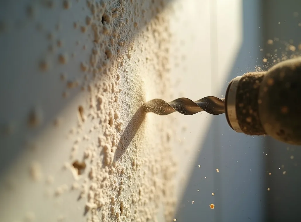 Extreme close-up of a drill bit entering a white plaster wall with fine dust particles
