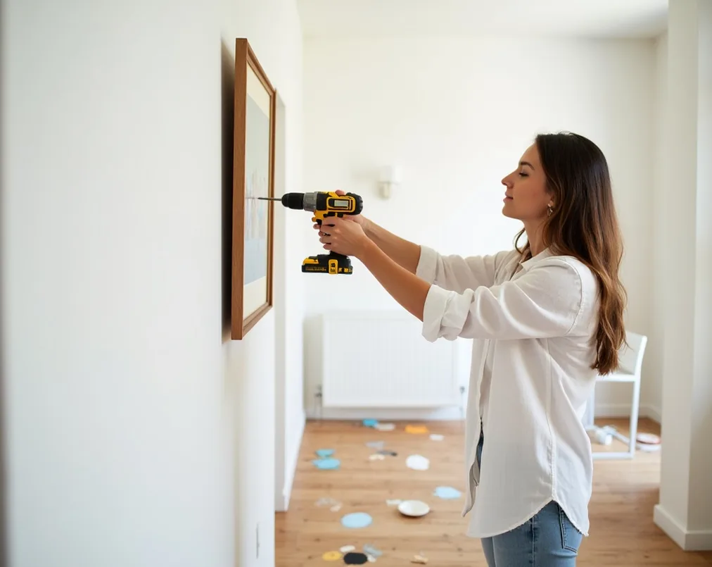 Female interior designer using a cordless drill to hang an art piece in a bright room