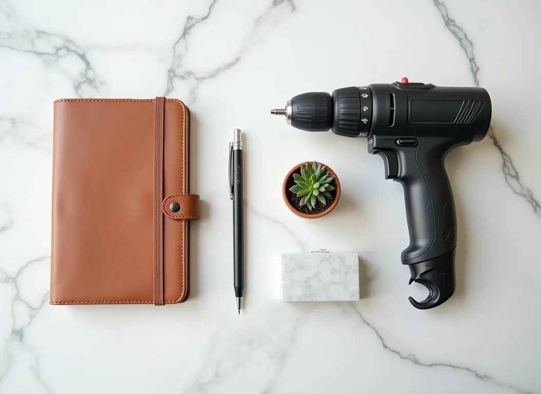 Flat lay of a compact silent drill on a white marble surface