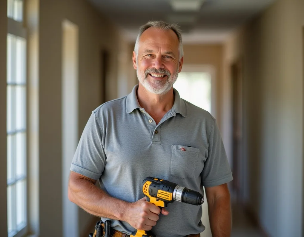 Smiling building superintendent standing in a hallway ready to assist