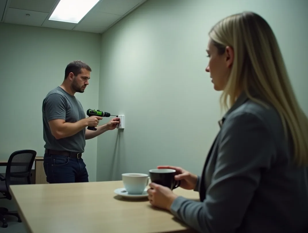 Quiet office break room with a maintenance worker replacing a wall fixture