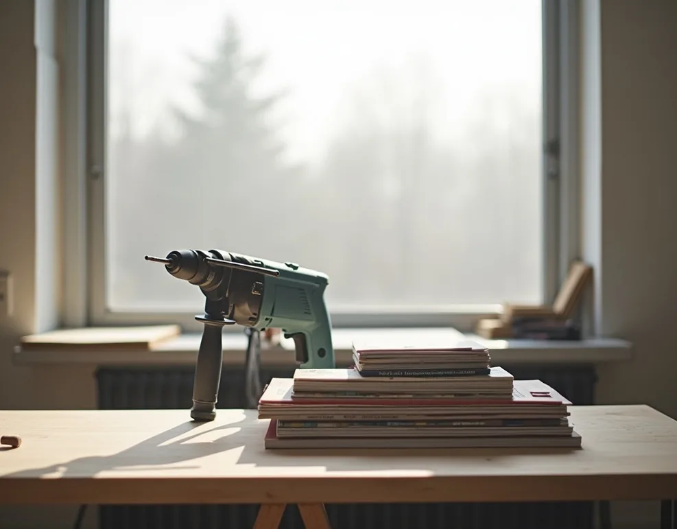 Still life of a silent rotary hammer resting against architectural material samples