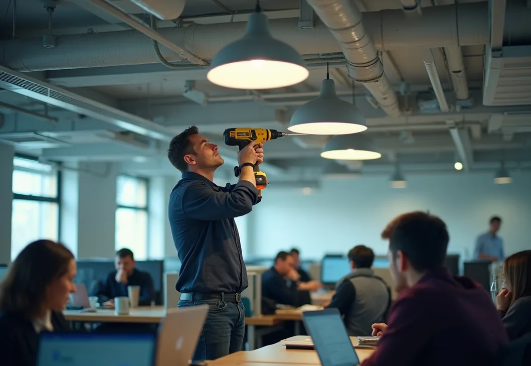 Technician drilling into a ceiling panel in a busy open-plan office