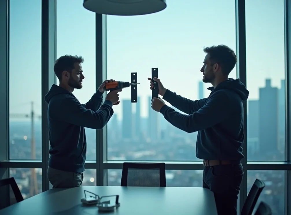 Two professional contractors in a glass-walled modern conference room installing wall-mounted displays