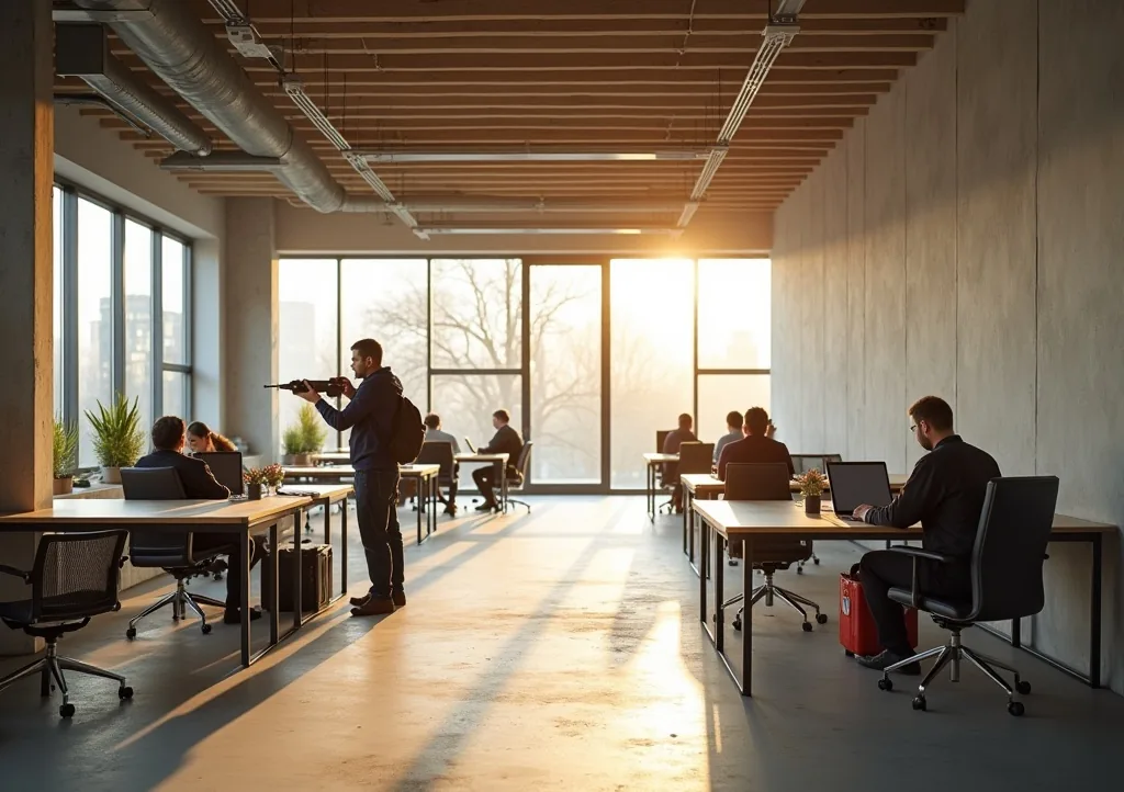 Wide angle view of a bright Scandinavian-style open-plan office interior during renovation